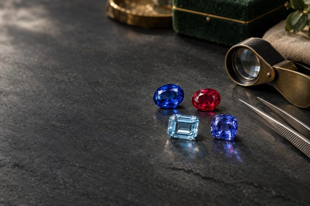 Loose sapphire, ruby, aquamarine and tanzanite on a dark slate bench with tweezers and a loupe