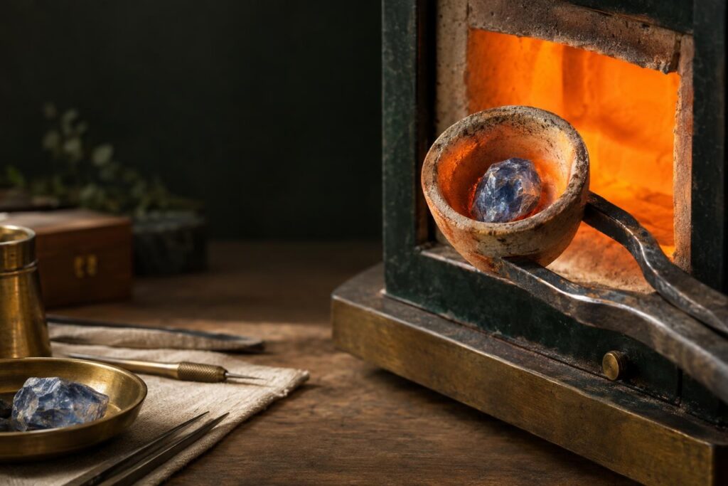 Rough sapphire crystal in a ceramic crucible inside a glowing furnace held with steel tongs