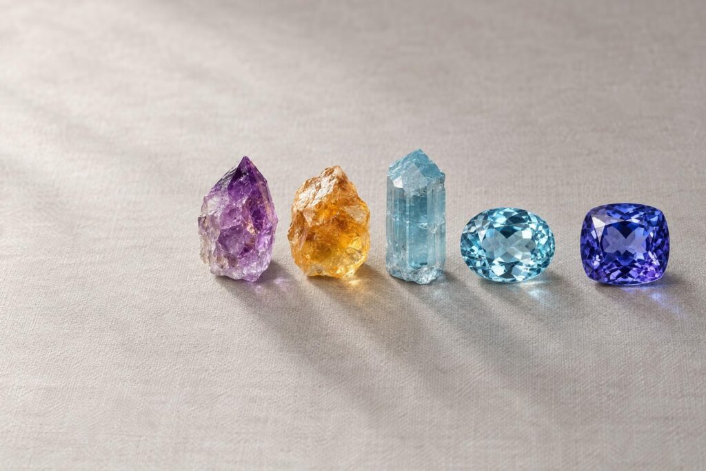 Amethyst, citrine, aquamarine and tanzanite as rough crystals and cut stones on a grey cloth