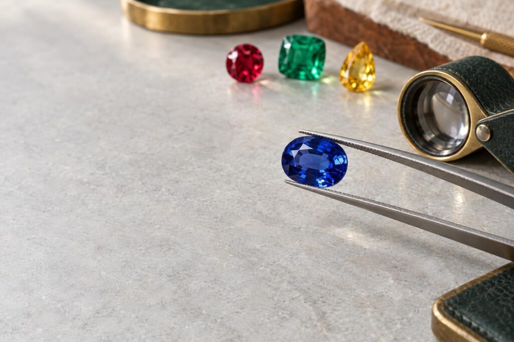 Blue oval sapphire held in tweezers beside a jeweller's loupe on a pale bench with other loose gems blurred behind