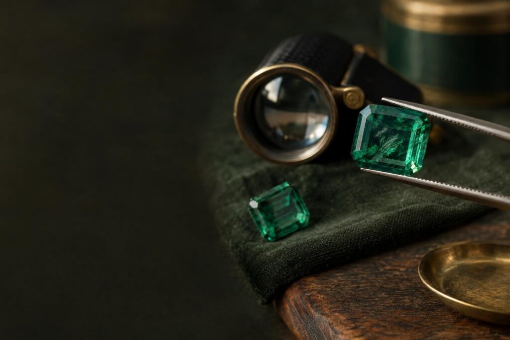 Macro view of an emerald-cut green emerald with natural feathery inclusions held in tweezers near a loupe