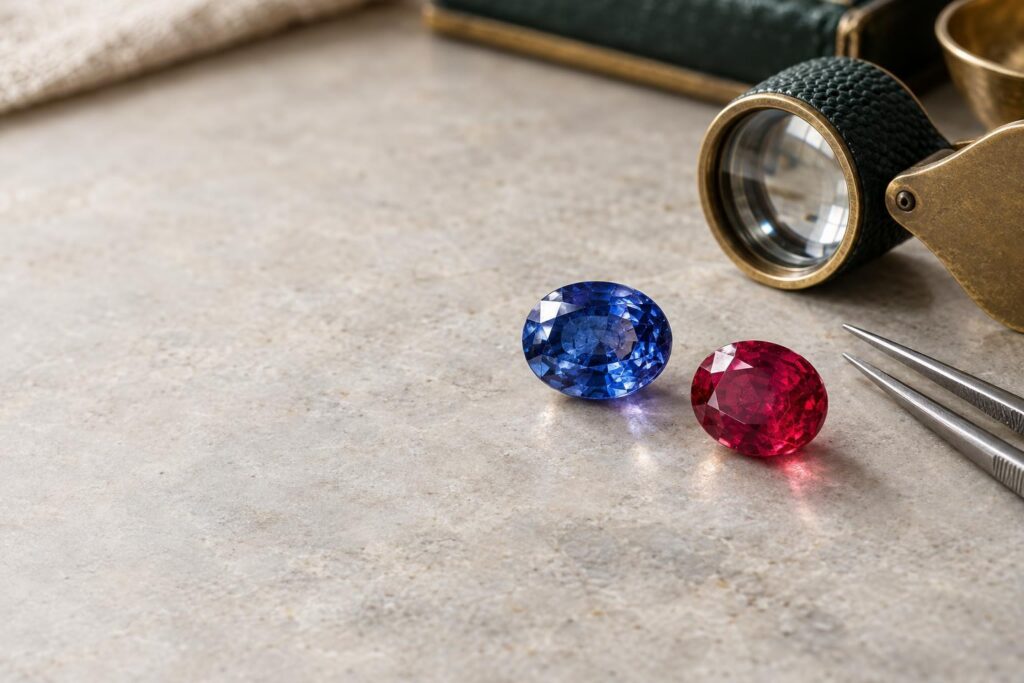 Loose blue sapphire and ruby on a grey surface with a loupe and tweezers, ready for close inspection