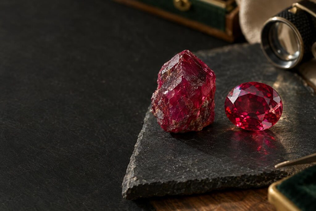 Rough ruby crystal beside a faceted oval ruby showing a filled fracture under a loupe