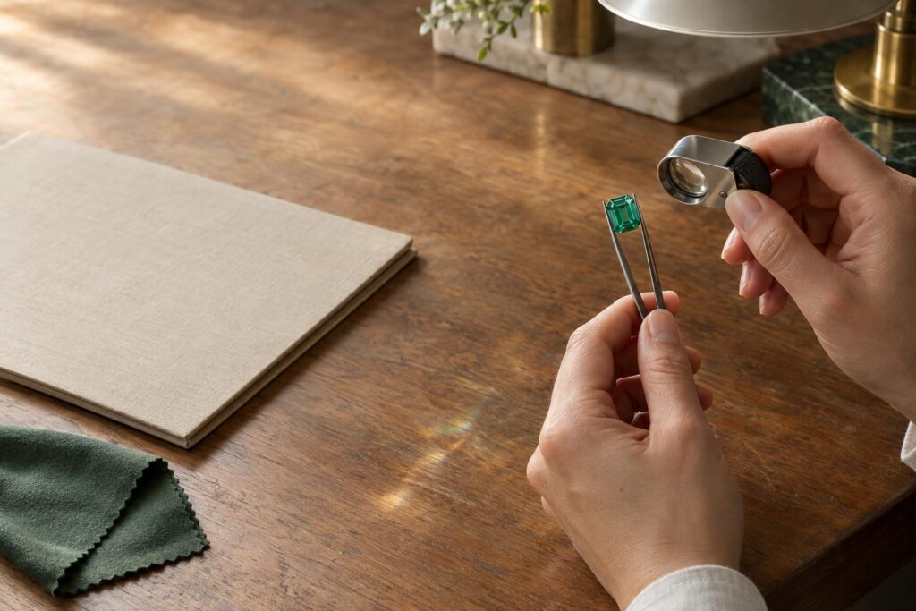 Hands holding an emerald-cut emerald in tweezers under a lamp, with a loupe, at a jeweller's bench