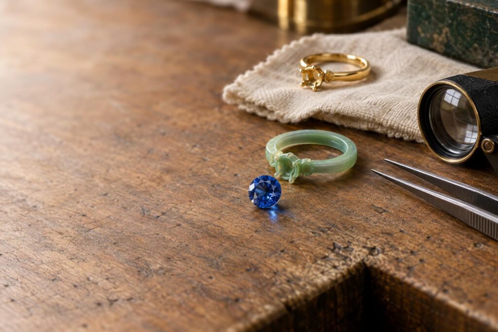 Wax ring model, loose blue sapphire, tweezers and loupe on a jeweller's wooden bench