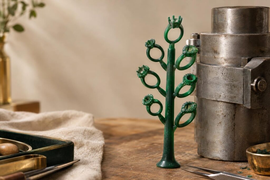 Sprue tree of small ring patterns beside a steel casting flask on a jeweller's bench