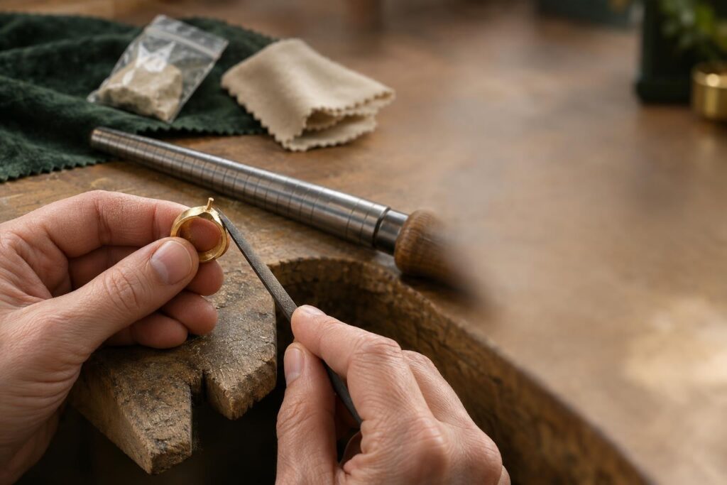Jeweller's hands filing a cast gold ring beside a ring mandrel and polishing cloth