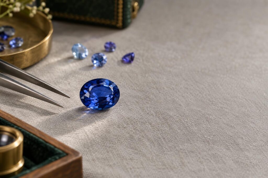 Loose oval blue sapphire on grey linen beside fine tweezers, with softly blurred smaller sapphires behind