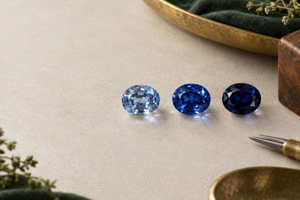 Three oval sapphires in light, vivid and very dark blue compared in a row on a matte surface