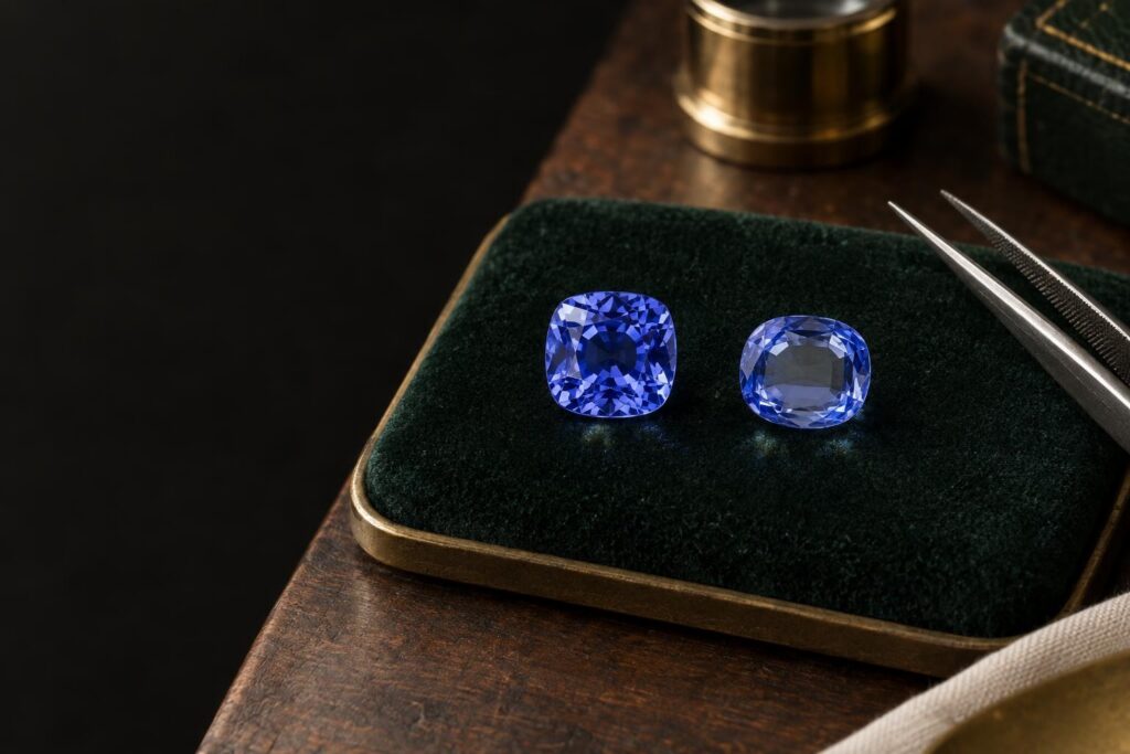 Well-cut cushion sapphire beside a shallow-cut stone showing a pale see-through window at its centre