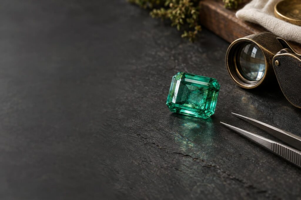 Step-cut emerald of vivid bluish green with soft inclusions beside a loupe and tweezers on dark slate