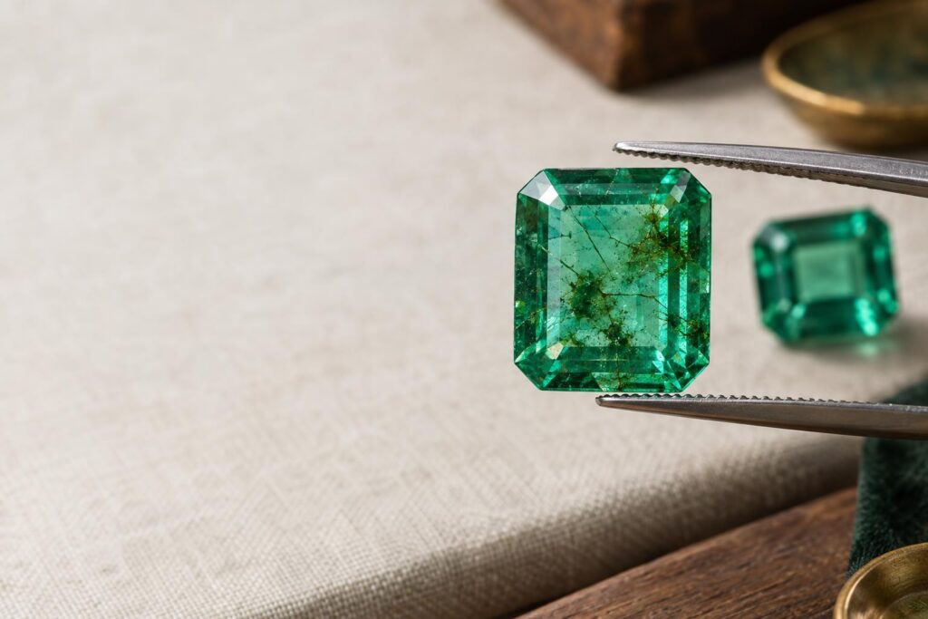 Emerald held in tweezers showing fissures and mossy inclusions under bright light