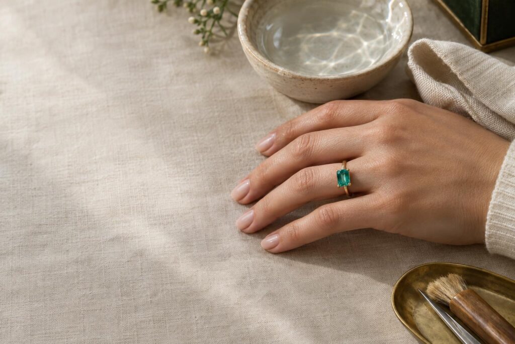 Hand wearing a gold ring with an emerald-cut emerald beside a soft cloth and water bowl