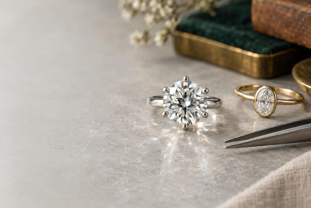 Six-prong platinum solitaire and a bezel-set ring on a grey stone surface with tweezers, soft light