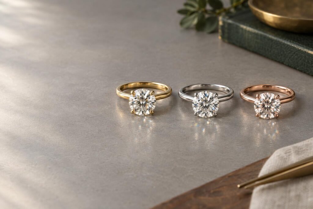 Round diamonds in yellow, white and rose gold rings showing how metal colour changes reflections