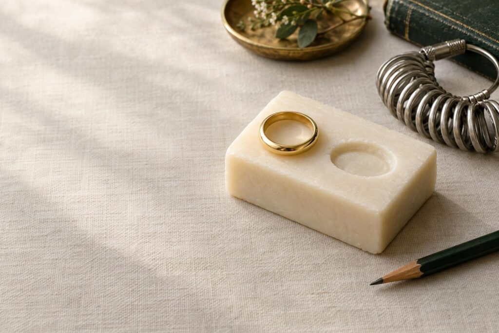 Plain gold band beside its impression in a bar of soap with a ring sizing gauge on a bench