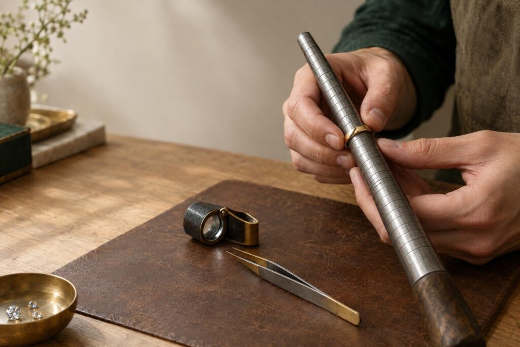 Jeweller's hands placing a gold band on a steel ring mandrel to measure its size