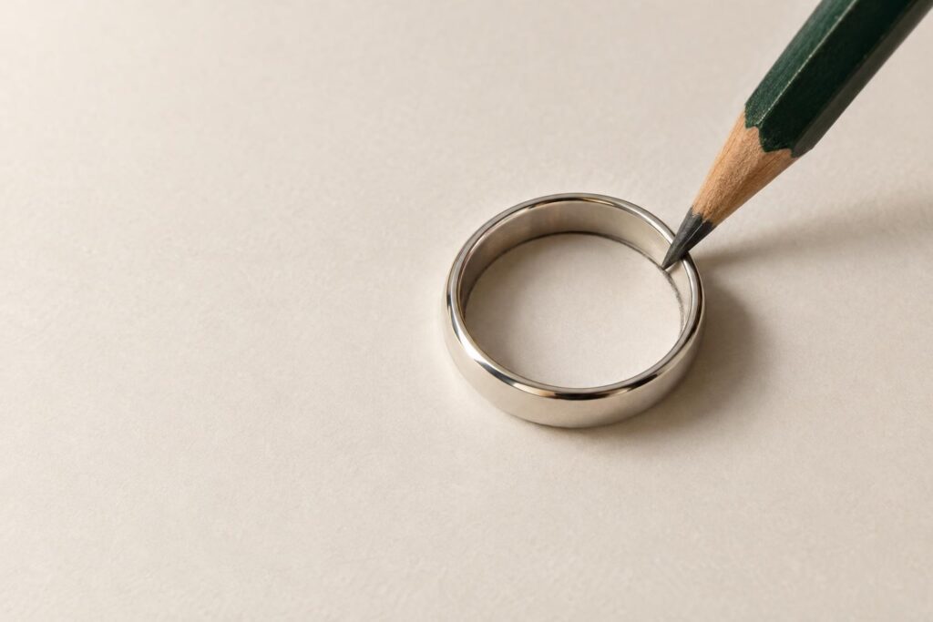 Pencil tracing the inside edge of a plain silver band on white paper