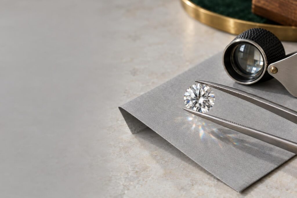 Round brilliant diamond held in tweezers beside a jeweller's loupe on grey grading paper