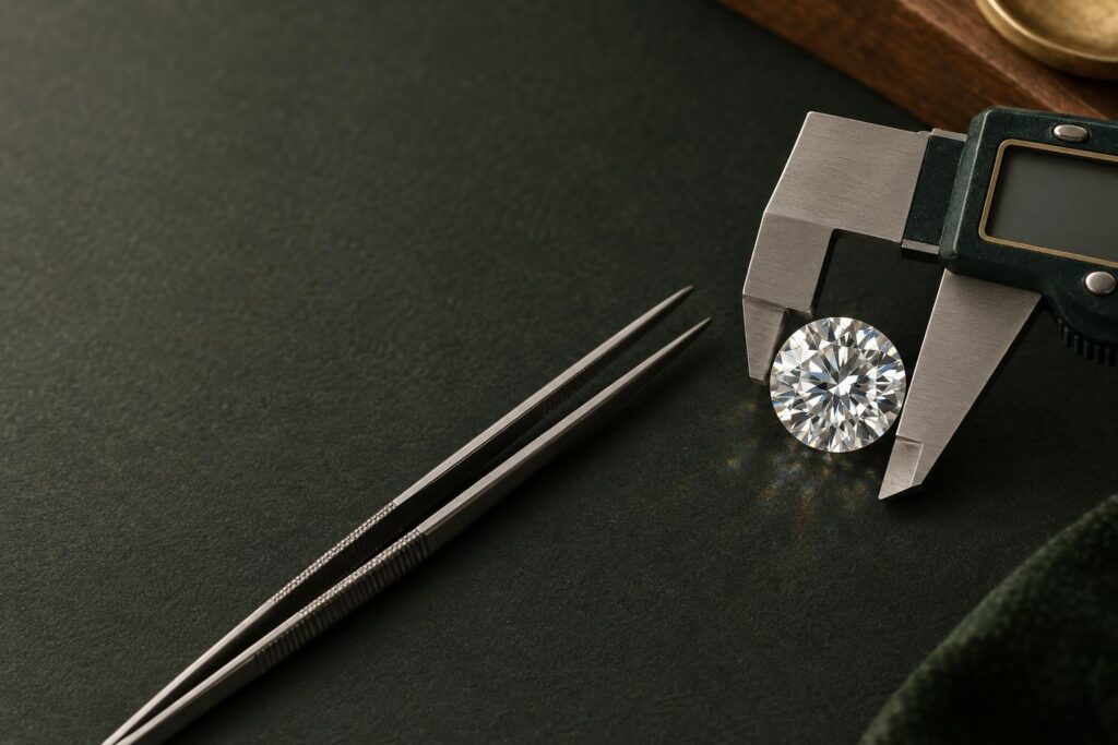 Calliper measuring the diameter of a loose round brilliant diamond beside tweezers