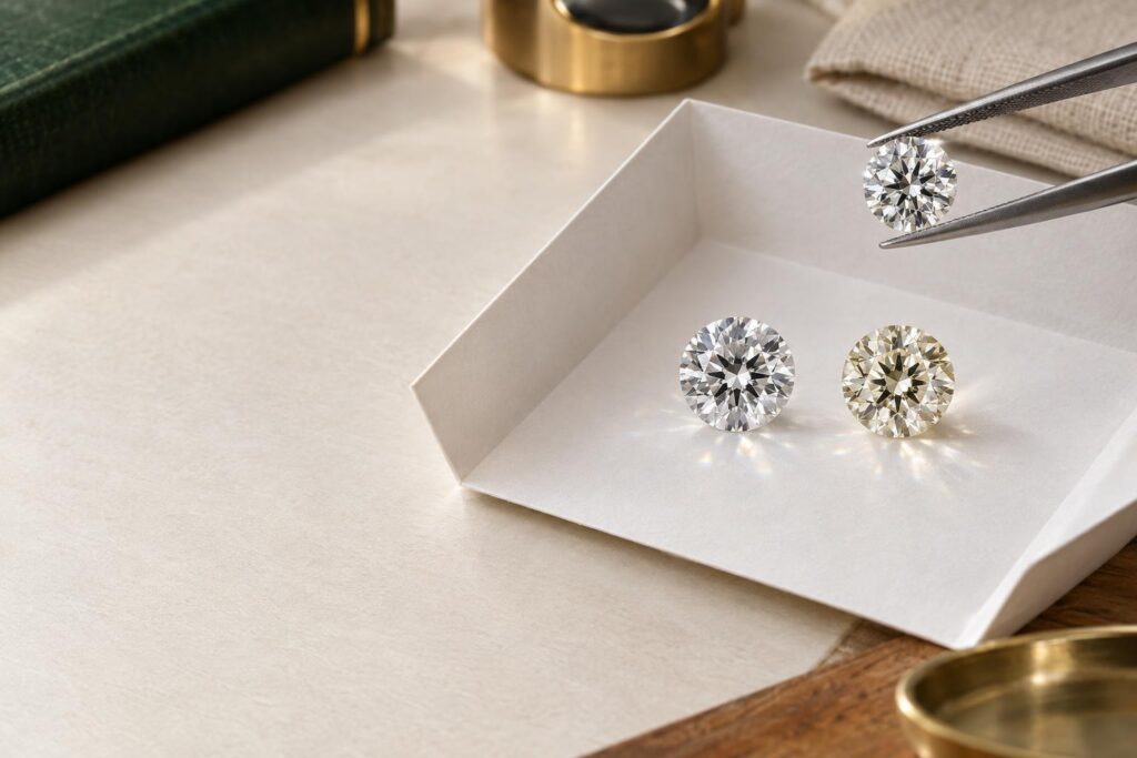 Colourless and faintly yellow round diamonds compared on white grading paper