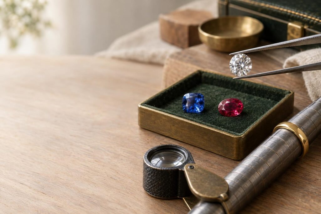 Round diamond held in tweezers above a tray of loose gems, a gold band on a mandrel and a loupe on a wooden jeweller's bench