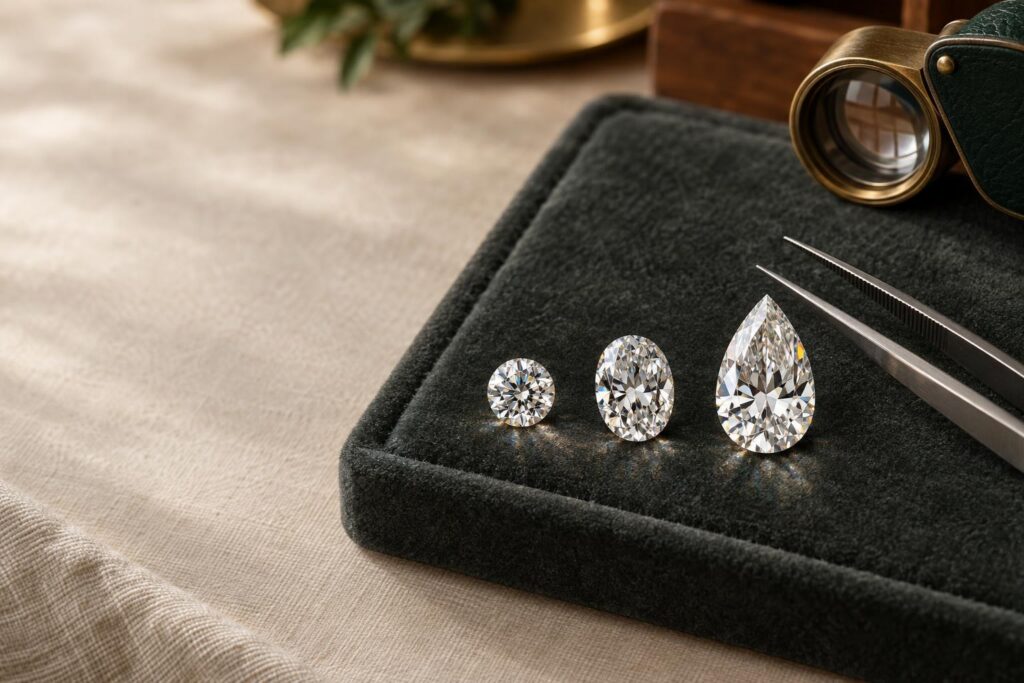 Round, oval and pear-shaped diamonds of different sizes side by side on grey velvet with tweezers and a loupe