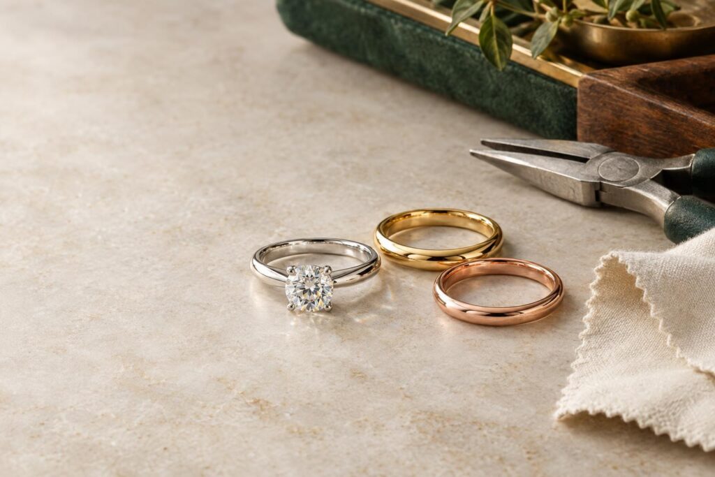 White, yellow and rose gold ring bands with a diamond prong setting, pliers and polishing cloth on pale stone