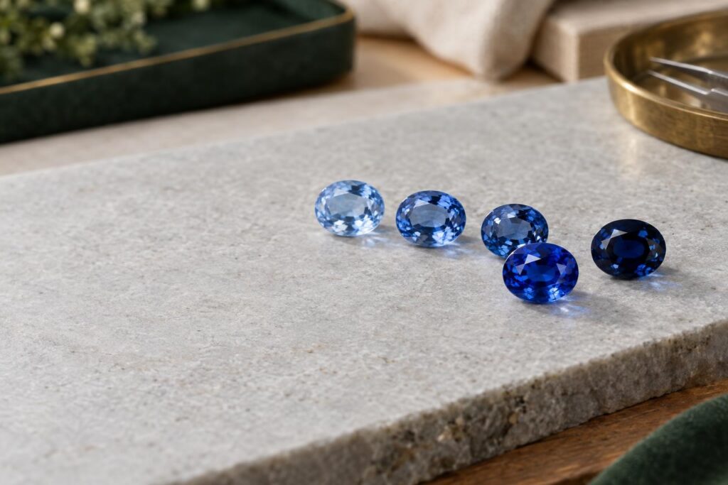 Row of oval blue sapphires from pale to deep blue on a grey stone slab, showing differences in tone and saturation