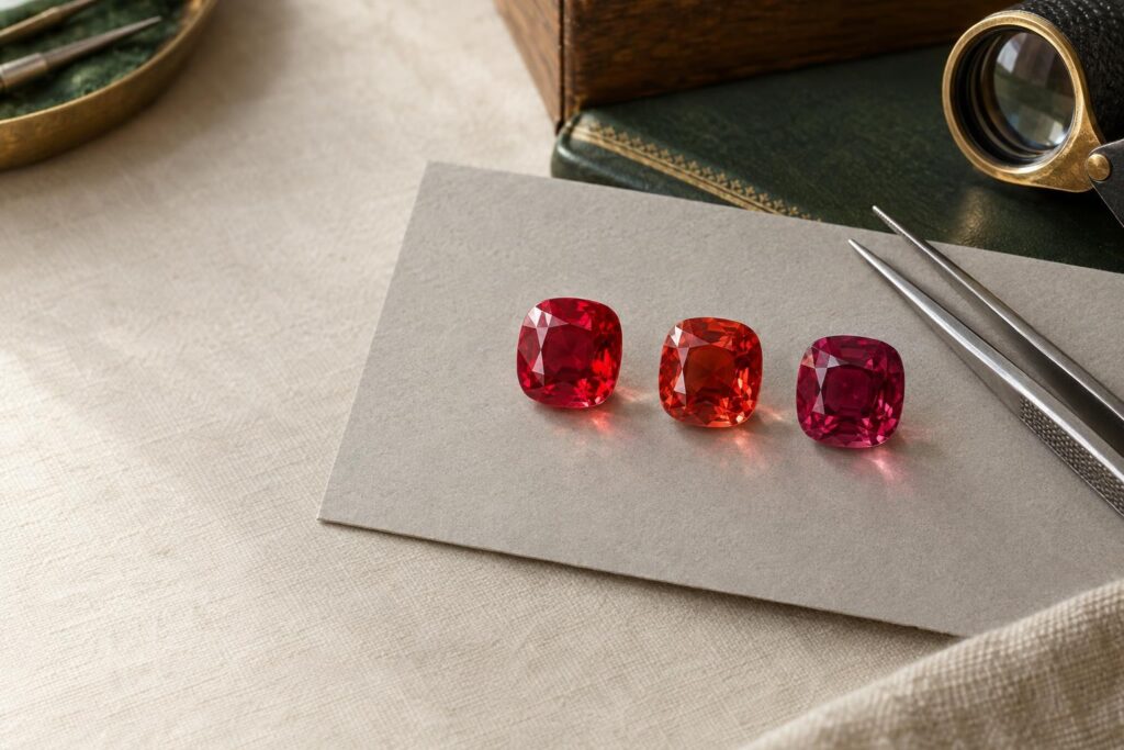 Three cushion-cut rubies in pure red, orangey red and purplish red on grey card beside tweezers and a loupe