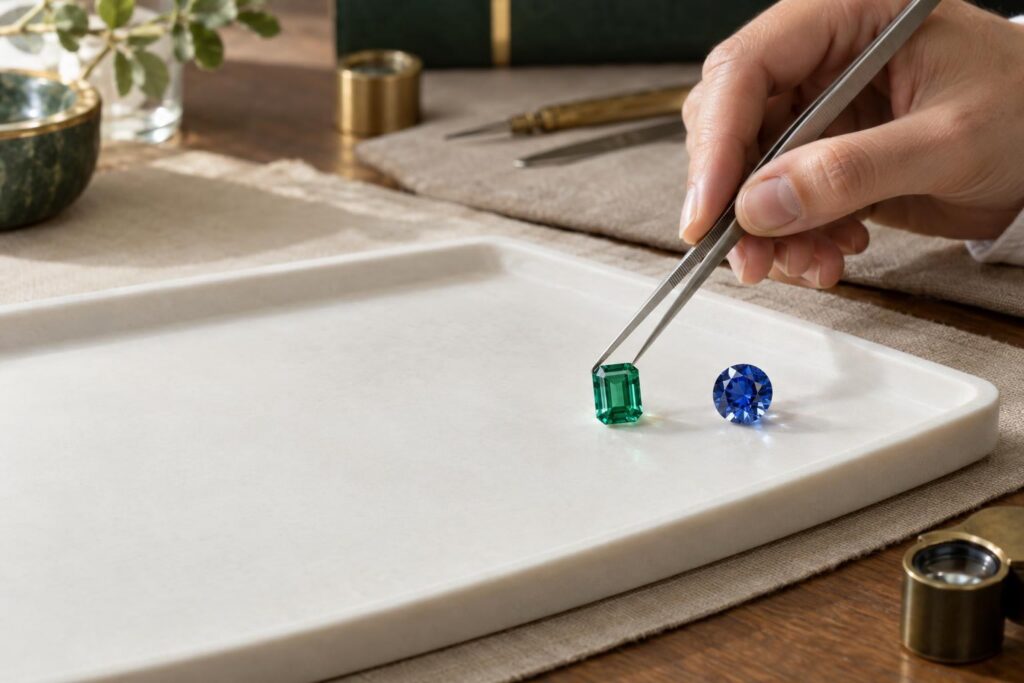 Hand tilting an emerald-cut emerald with tweezers in daylight on a white grading tray beside a blue sapphire