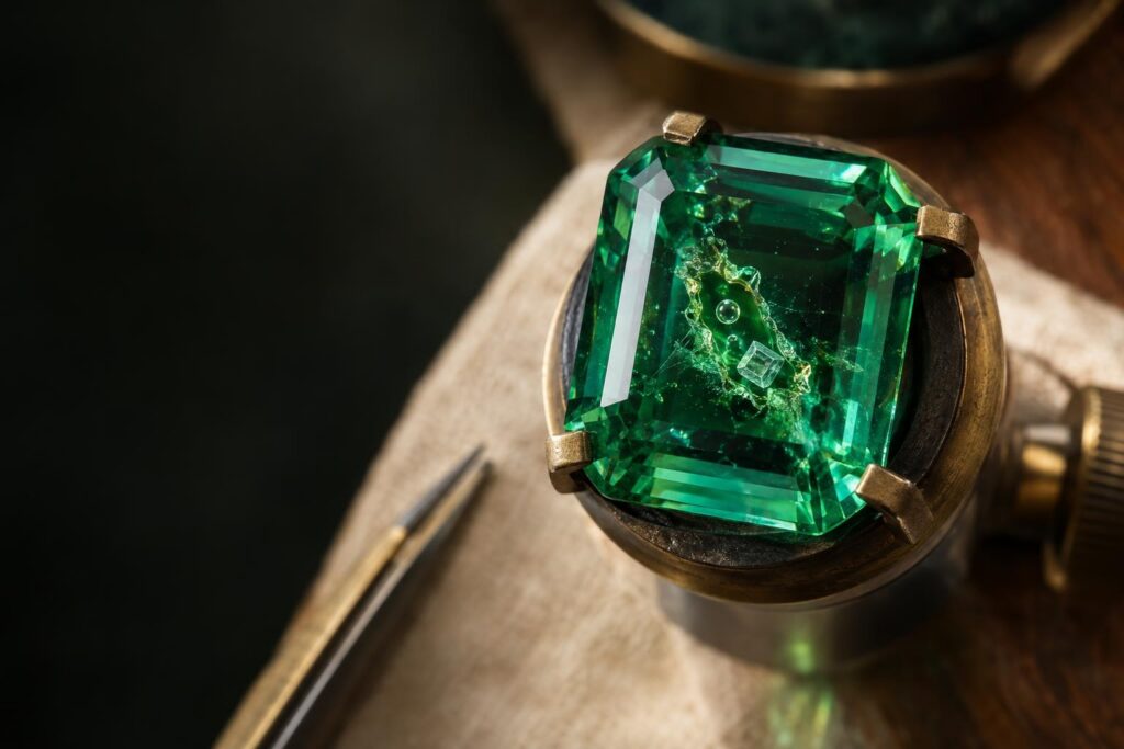Macro of an emerald showing a gas bubble and crystal inclusion under dark-field lighting