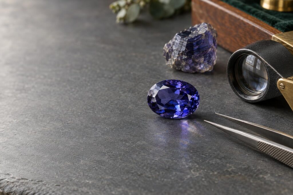 Faceted oval violetish-blue iolite with tweezers, loupe and rough crystal on a slate bench