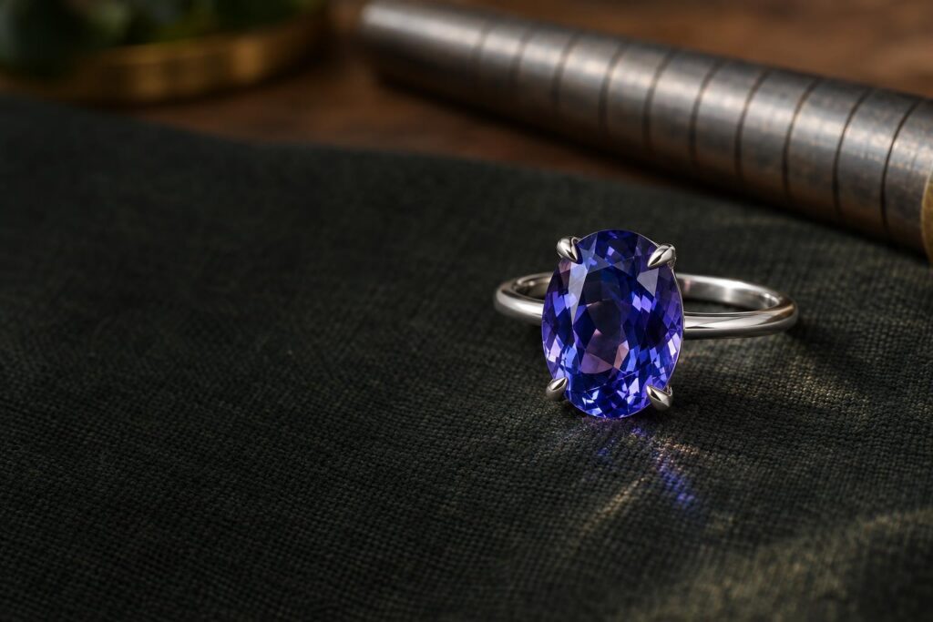 Oval iolite secured in a protective claw setting on a ring beside a ring mandrel