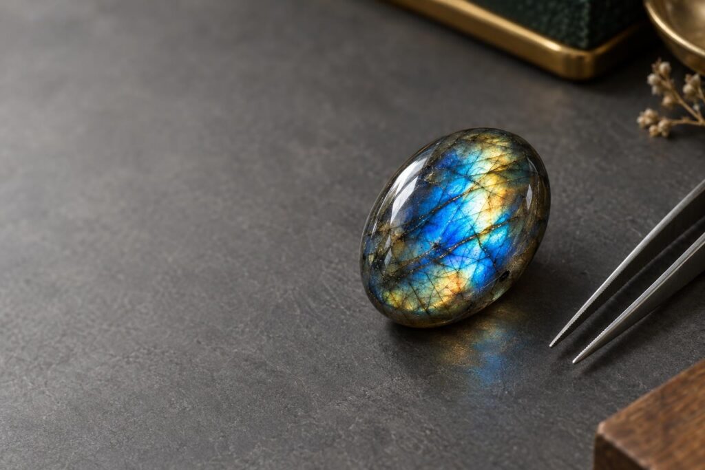 Polished grey labradorite cabochon flashing blue and gold light on a slate bench beside tweezers