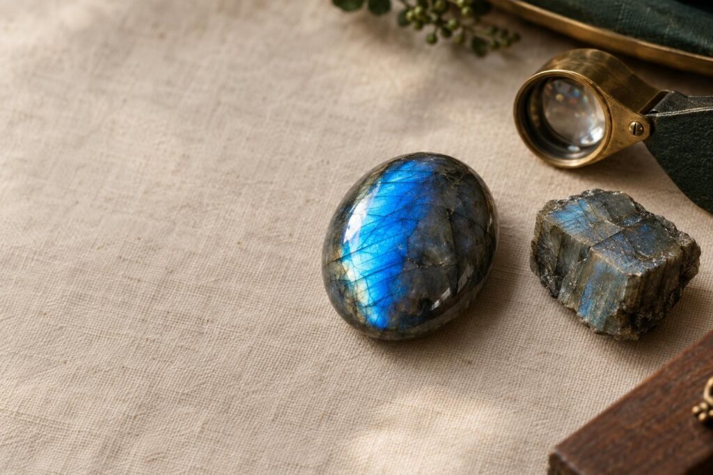 Labradorite cabochon with blue flash on one half beside rough piece showing flat cleavage faces and a loupe