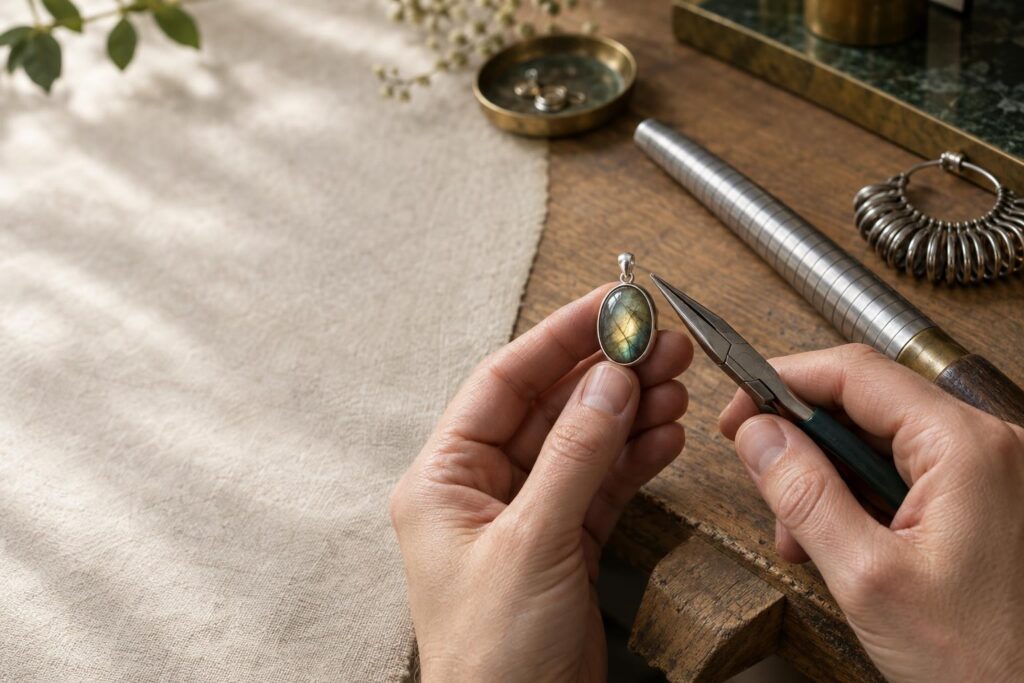 Jeweller's hands at a bench with a bezel-set labradorite pendant, pliers and a ring mandrel nearby