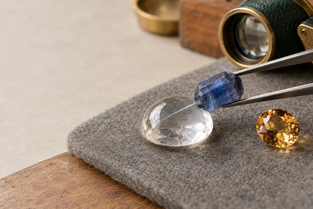 Rough blue sapphire crystal held in tweezers scratching a polished quartz surface, with a loupe and topaz nearby