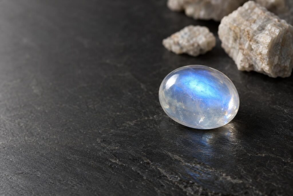Oval colourless moonstone cabochon with a blue sheen on dark slate, with calm space on the left