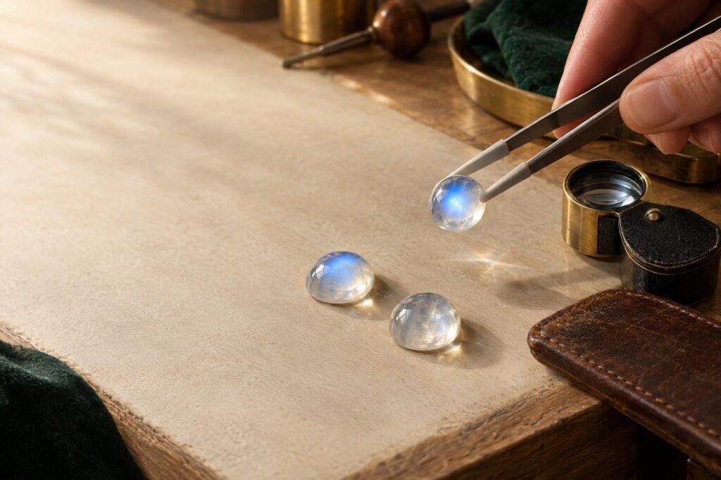 Tweezers holding a moonstone cabochon with centred blue sheen beside a loupe on a jeweller's bench
