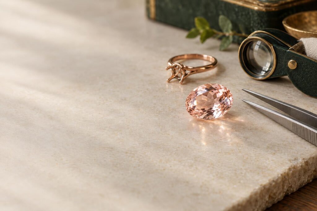 Oval peachy-pink morganite gemstone with tweezers, loupe and a rose gold ring mount on a pale stone surface