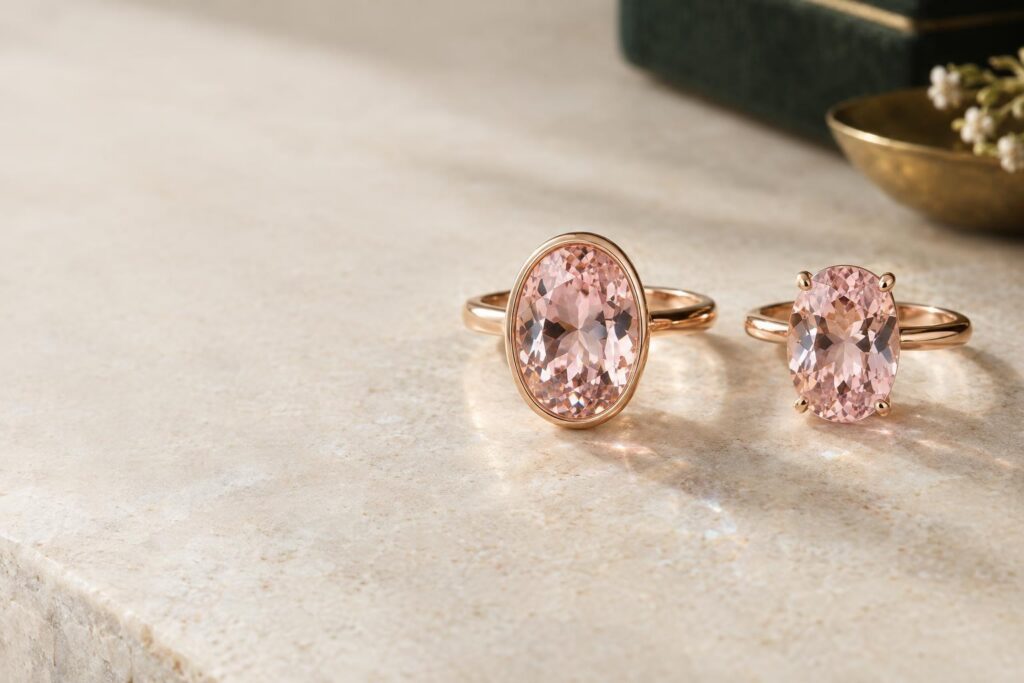 Morganite rings in a rose gold bezel setting and a four-prong setting side by side on a neutral surface
