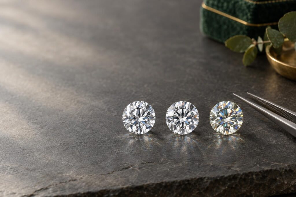 Three round brilliant-cut colourless stones in a row on slate with tweezers, each catching light differently