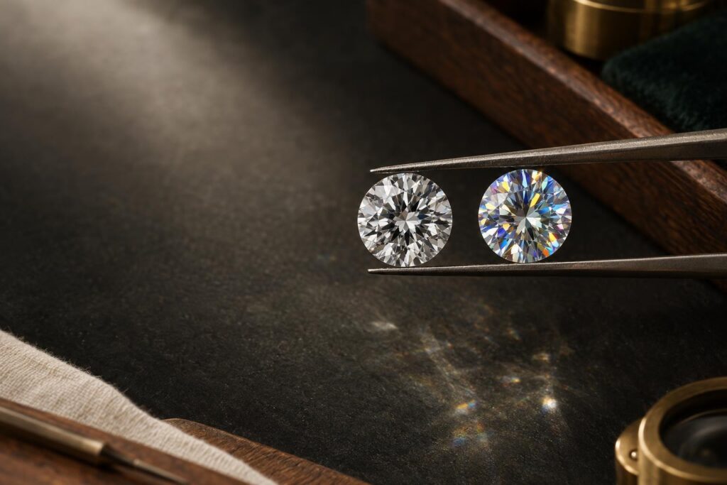 Diamond and moissanite round brilliants held in tweezers, the moissanite showing stronger rainbow fire