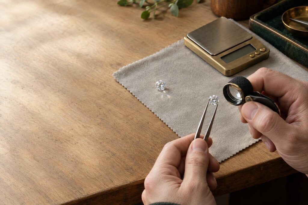 Jeweller examining a loose round brilliant stone with a loupe and tweezers at a bench beside a small scale