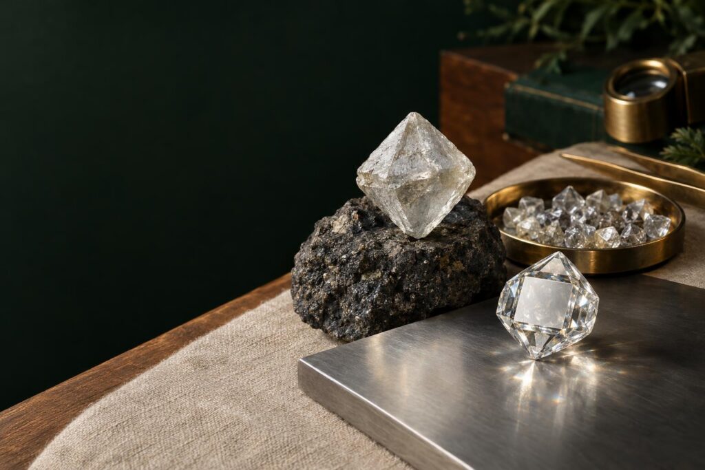 Rough natural diamond octahedron on rock beside a lab-grown diamond crystal on a steel plate