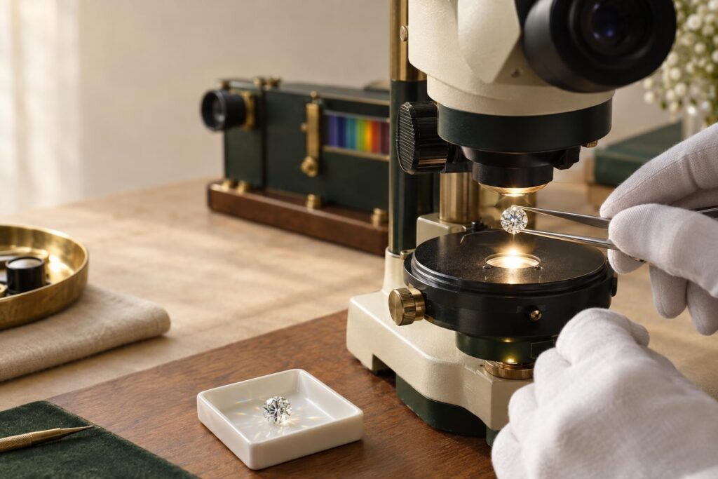 Hands holding a diamond in tweezers under a gemmological microscope in a laboratory