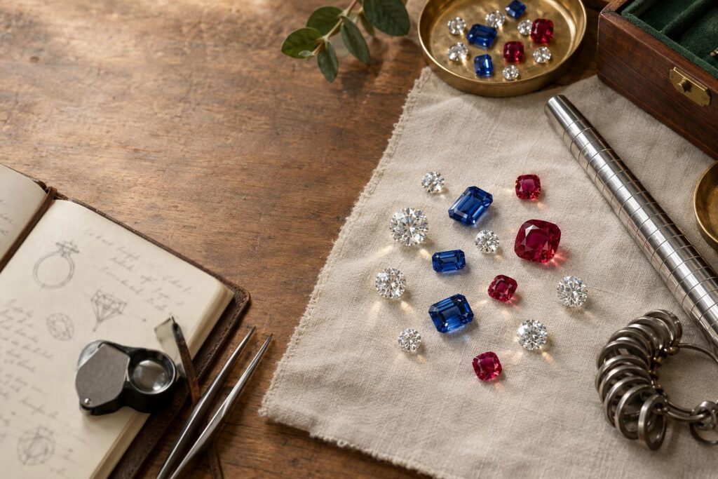 Jeweller's workbench with loose gemstones, loupe, tweezers, notebook with sketches, and sizing tools on pale cloth.