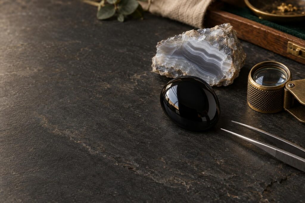 Polished black onyx cabochon with loupe, tweezers and a rough banded chalcedony fragment on a dark bench