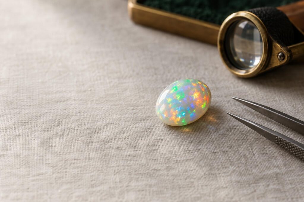 Oval white opal cabochon flashing rainbow play-of-colour on grey linen with a loupe and tweezers
